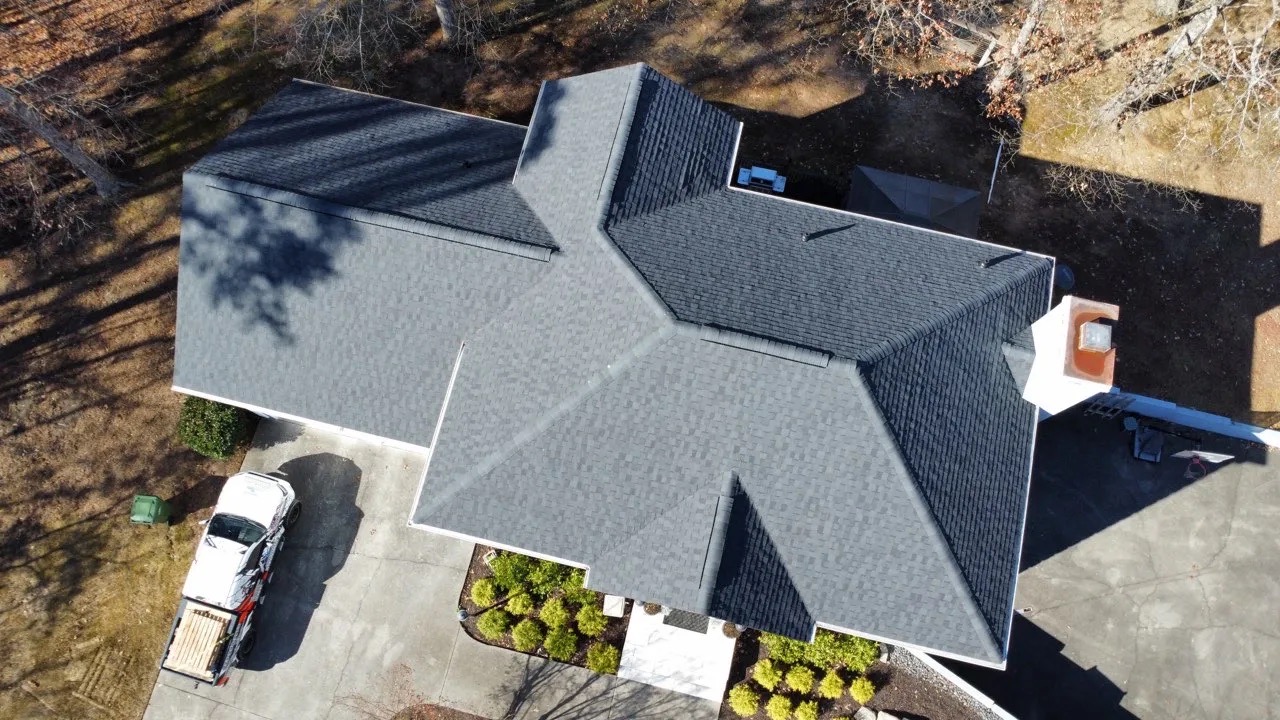 Aerial view of a residential roof project