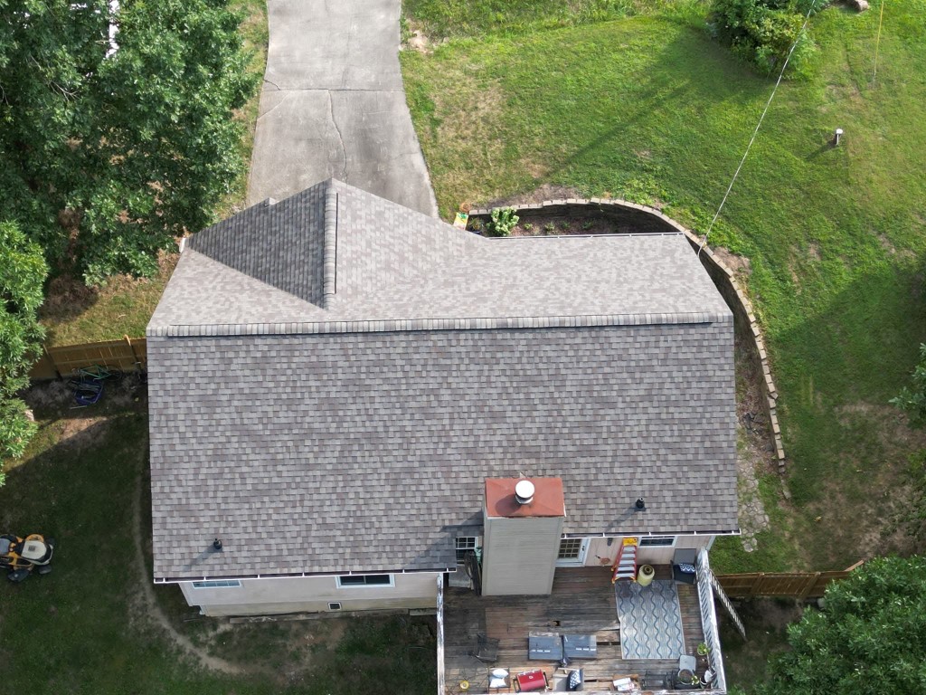 Completed Weathered Wood roof replacement aerial view